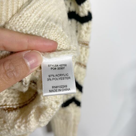 New Skies Are Blue Medium M Cream Black Gold Chevron Striped Open Knit Sweater - Picture 8 of 10